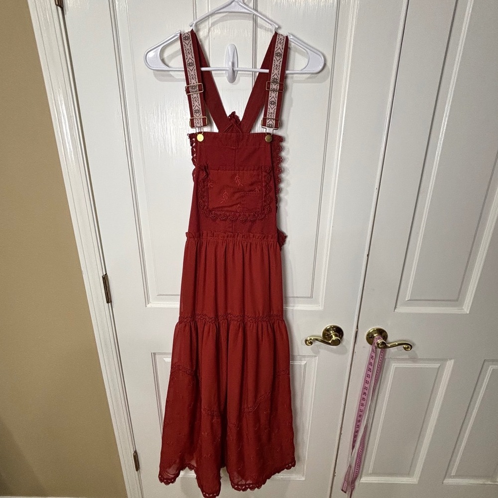 Boho Overall Maxi Dress Terracotta Red Lace Trim Tiered Skirt L - Picture 4 of 6